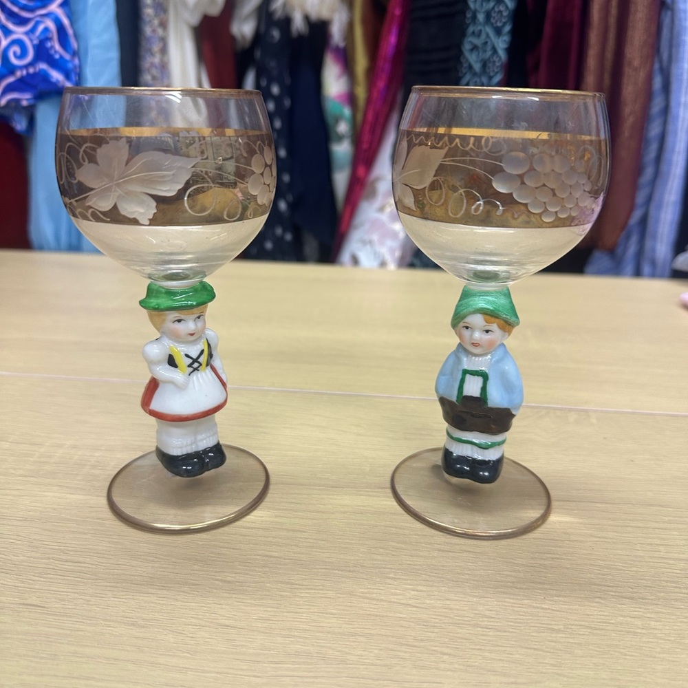 Vintage Goebel Hummel Boy and Girl Cordial Glass with Grape Etched Bowl
